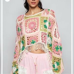 NWT Crochet Patchwork Fringe Top in Pink, Green & Cream